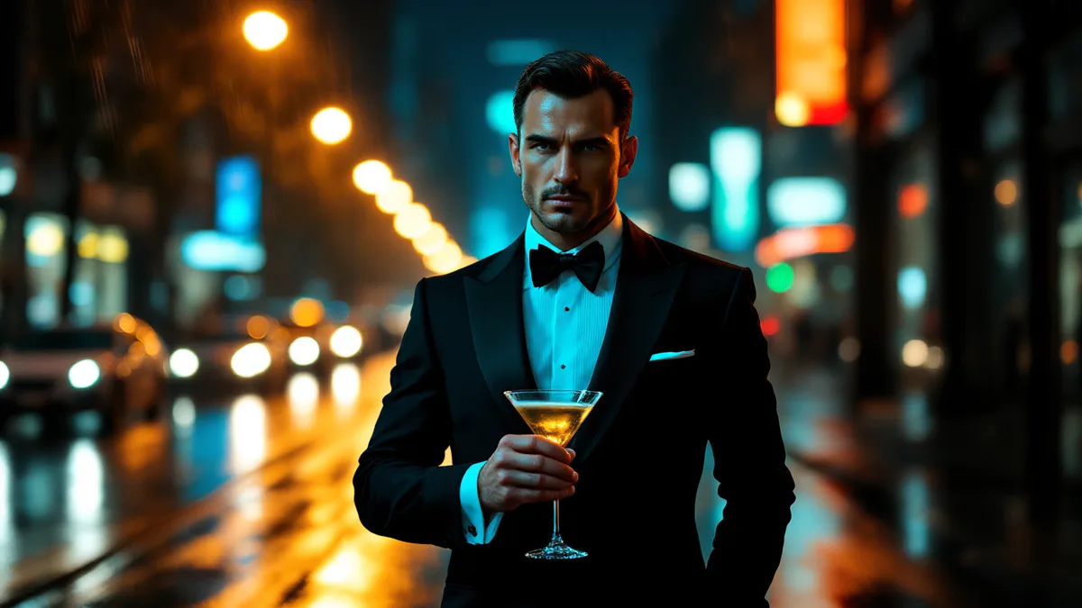 A sophisticated spy in a tailored tuxedo stands against a moody, neon-lit urban backdrop, embodying suave espionage elegance.