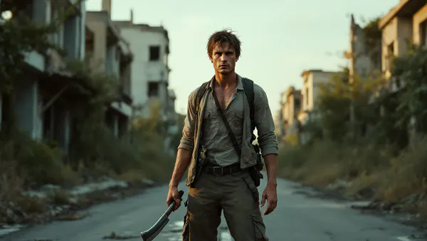 A lone survivor stands amid overgrown urban ruins at dusk, embodying post-apocalyptic resilience and the moral weight of survival.