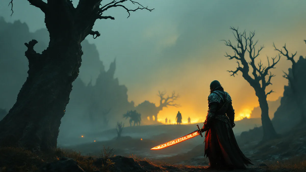 A lone figure in monster-hunter armor stands amid a misty, monster-infested wilderness, sword drawn, ready for a dangerous quest.