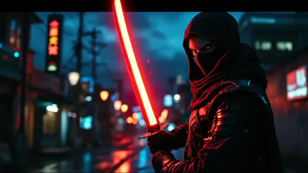 A masked ninja warrior in urban shadows, poised with katana, embodying strength and pride in a gritty modern setting.
