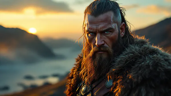 A Norse warrior leader stands silhouetted against a dramatic northern landscape, embodying the fierce determination needed to helm an epic Viking saga.