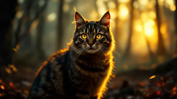 A majestic feline warrior leader stands poised against a misty forest backdrop, embodying noble strength and clan authority.