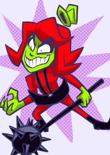Annie (Dyed hair red, and has light green skin)