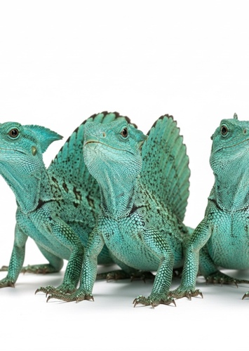 Three crested turquoise amphibians