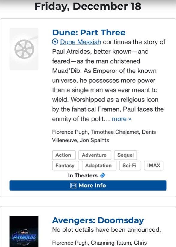 Characters who watch Avengers: Doomsday, Dune: Part Three, and Ice Age 6