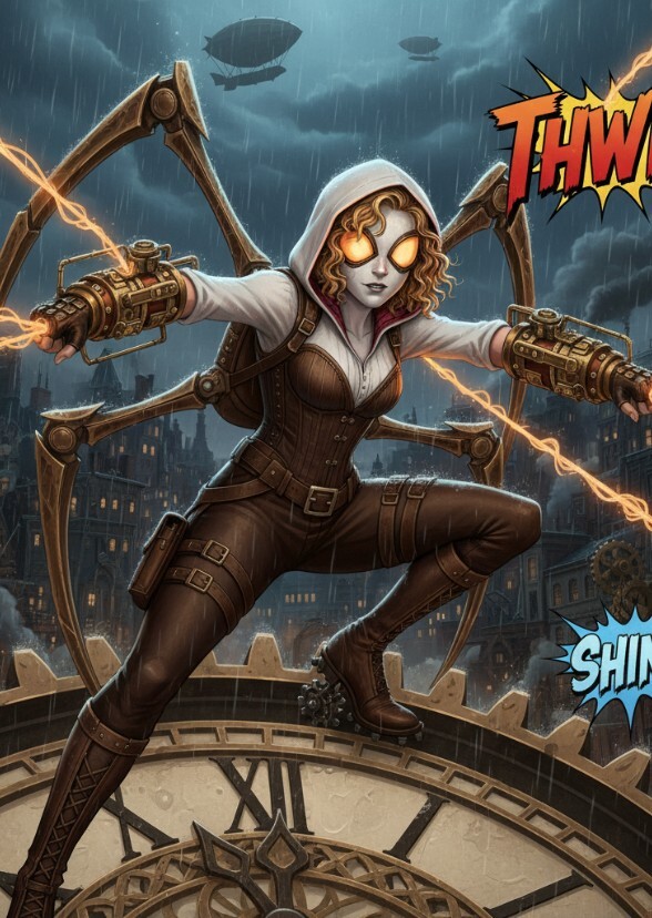 Emma Myers as steampunk spider Gwen.