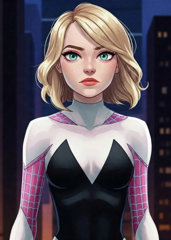 Emma Stone as spectacular spider Gwen animated Style from earth 90.