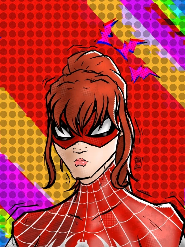 Shaline Woodley as spider MJ spinnert animated Style from earth 982d.
